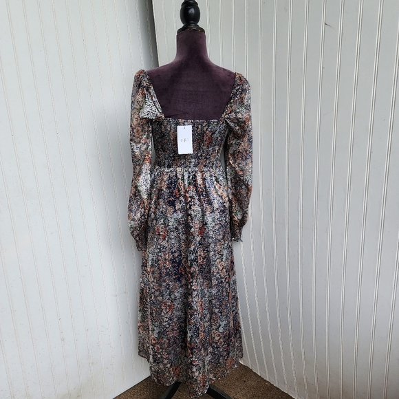 NWT O.P. T Women's Boho Smocked Midi Maxi Dress Navy Flur Floral Shine Sz M - Picture 7 of 13